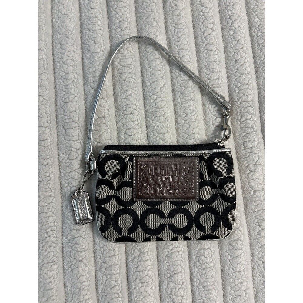 Vintage Coach Poppy Wristlet Black Silver Y2K Metallic Signature logo allover